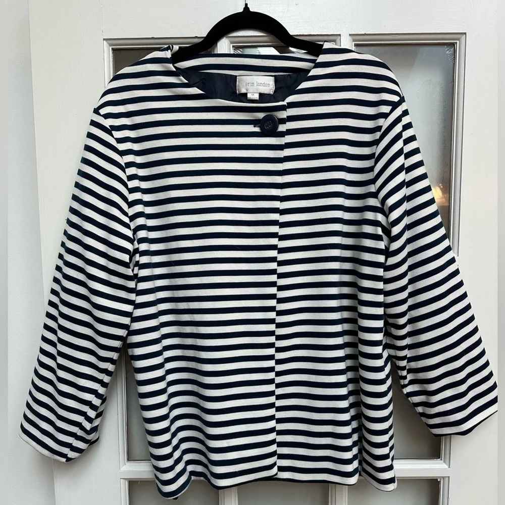 Erin London Striped Overcoat Blazer Jacket Classic Breton Style Plus Size 1X